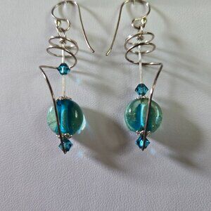 Boho Sterling Silver wire earrings with aqua blue beads